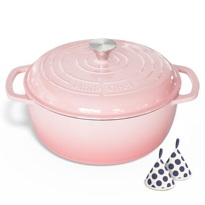 Umite Chef 6QT Enameled Cast Iron Dutch Oven with Lid, Versatile Heavy-Duty Cookware Pot for Baking Bread, Braising, Soups & Stews, Oven & Stovetop Safe with Heat Resistant Gloves(Pink)