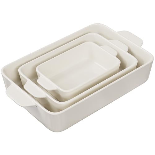 Kook Ceramic Bakeware Set, Rectangular Baking Dishes, For Casseroles, Lasagna, Cake, Small, Medium & Large Pans, Microwave & Dishwasher Safe, Set of 3, (Ivory)
