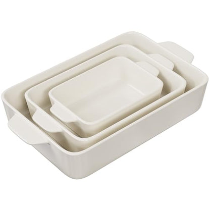 Kook Ceramic Bakeware Set, Rectangular Baking Dishes, For Casseroles, Lasagna, Cake, Small, Medium & Large Pans, Microwave & Dishwasher Safe, Set of 3, (Ivory)