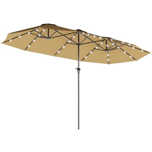 Outsunny 13ft Large Patio Umbrella with Solar Lights, Rectangular Double-Sided Outdoor Market Umbrella with Crank Handle and 48 LED Bulbs for Garden, Pool and Backyard, UPF 30+, Khaki