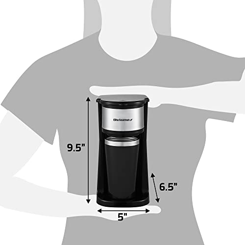 Elite Gourmet EHC-112B Personal Single-Serve Compact Coffee Maker Brewer Includes 14Oz. Thermal Travel Mug with Stainless Steel Interior, Compatible with Coffee Grounds, Reusable Filter, Black