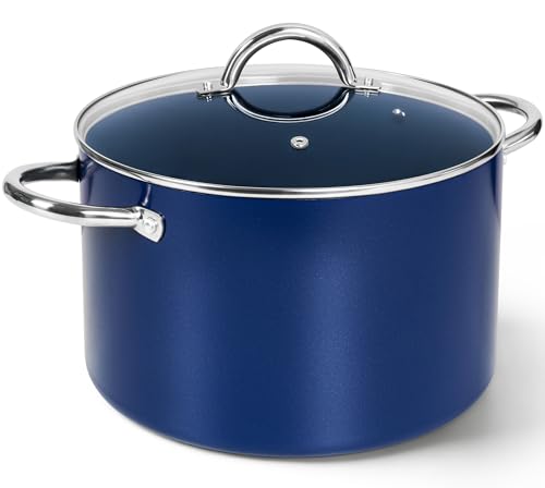 MICHELANGELO 8 Quart Stock Pot with Lid, Ceramic Nonstick Soup Pot for Family Meals, Batch Cooking, Broth, Seafood Boil & Meal Prep, Non Toxic Induction Stockpot with Stainless Steel Handles, Blue