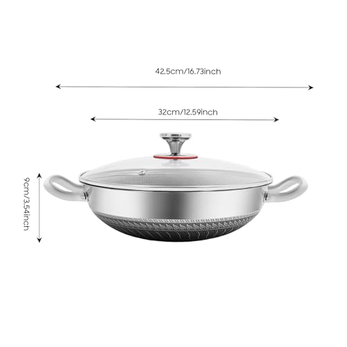 WINNIESHOP Hybrid Frying Pans Nonstick Paella Pan with Lid 14 Inch Stainless Steel Deep Skillet Large Frying Pan Big Pan for Cooking, Suitable for All Cooktops Including Induction (12.59 Inch)