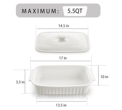 Large Baking Dish with Lid,5.5 Quart Lasagna Pan with Lid, 13.5x9 inch Ceramic Casserole Dish with Lid, Microwave, Dishwasher Safe, White