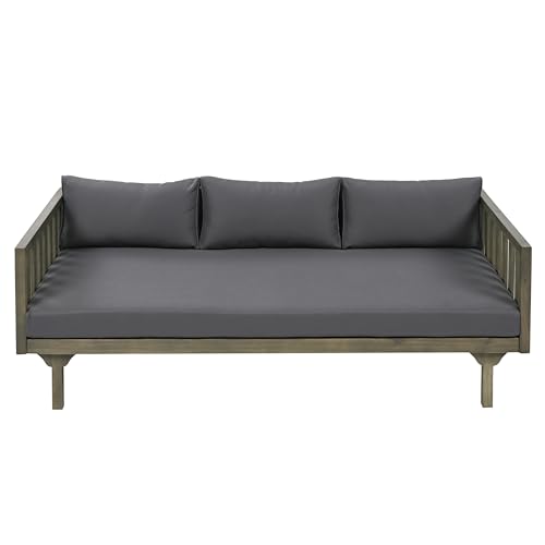 Christopher Knight Home Claremont Outdoor 3 Seater Acacia Wood Daybed with Fabric Water Resistant and Removable Cushions, Patio Garden Sofa with Slat Paneling Armrest and Back, Grey and Dark Grey