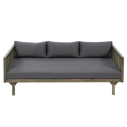 Christopher Knight Home Claremont Outdoor 3 Seater Acacia Wood Daybed with Fabric Water Resistant and Removable Cushions, Patio Garden Sofa with Slat Paneling Armrest and Back, Grey and Dark Grey