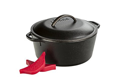 Lodge Cast Iron Dutch Oven 5 Quart - Loop Handle Cooking Vessel - Even Heat Retention - Oven-Safe, Versatile Pot - Handle Holders Included