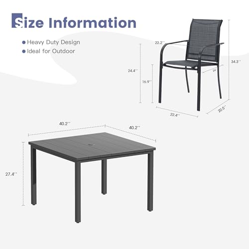 VICLLAX 5 Pieces Patio Dining Set, Patio Furniture Set of 4 Patio Stackable Chairs and Outdoor Metal Square Table with Umbrella Hole for Backyard Lawn Garden, Dark Grey Chairs and Dark Grey Table