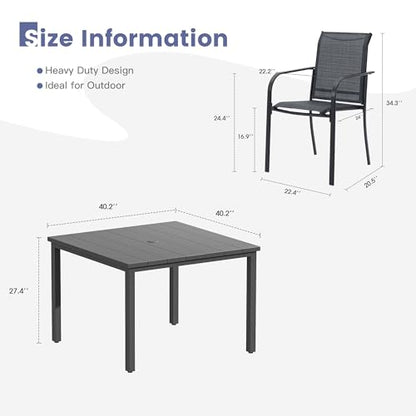 VICLLAX 5 Pieces Patio Dining Set, Patio Furniture Set of 4 Patio Stackable Chairs and Outdoor Metal Square Table with Umbrella Hole for Backyard Lawn Garden, Dark Grey Chairs and Dark Grey Table