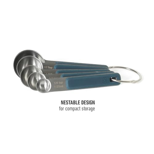Calphalon Prime Measuring Spoons, Plastic Measuring Spoon Set, 5-Piece Stainless Steel Measuring Spoons Navy Silicone Handle Accurate, Durable for Spices and Small Portions