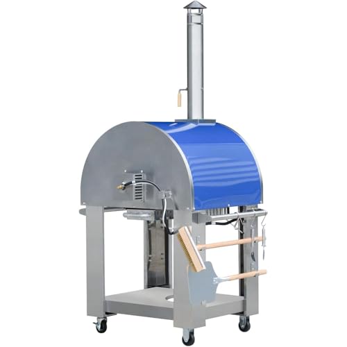 KOSTCH 32.5 inch Wood Fired and Propane Gas Pizza Oven for Outdoor Kitchen in Stainless Steel, Large Pizza Oven for Outside, Yard and Party (Blue with Cover)