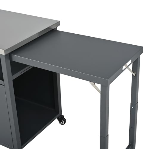 Merax Foldable Outdoor Kitchen Island & BBQ Prep Cart with Stainless Steel Top &Trash Rack & Lockable Wheels & Storage Cabinets – Portable Patio Dining Station for Grilling & Backyard & Camping, Gray