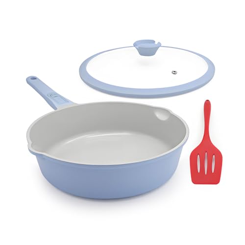 AIKENBBKK 10 Inch Non Stick Ceramic Frying Pans with Lid, 4 QT Nonstick Deep Frying Pan Skillet, Saute Pan with Detachable Handle, Compatible with All Stoves, Oven Safe, PTFE & PFAS-Free, Blue