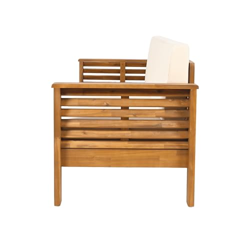 Merax 3 Piece Acacia Wood Patio Furniture Set, Outdoor Sectional Sofa Set with Coffee Table, 4 Seats Sofa Deep Seating with Soft Cushions for Garden, Backyard, Teak & Cream