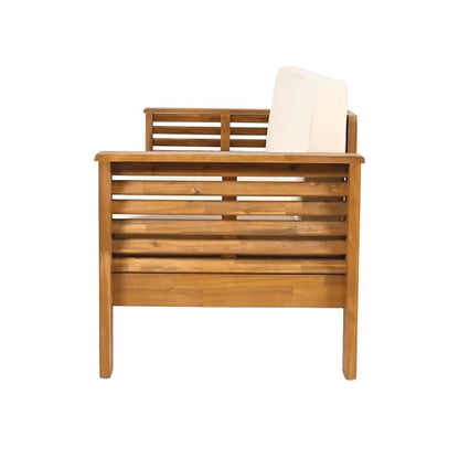 Merax 3 Piece Acacia Wood Patio Furniture Set, Outdoor Sectional Sofa Set with Coffee Table, 4 Seats Sofa Deep Seating with Soft Cushions for Garden, Backyard, Teak & Cream