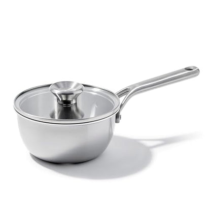 OXO Mira Tri-Ply Stainless Steel, 1.5QT Covered Chef's Pan with Lid, PFAS-Free, Multi Clad, Induction, Dishwasher Safe, Oven Safe, Silver