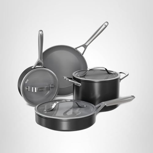 Ninja Ceramic Pro 7-Piece Cookware Set, Non-Stick Pots & Pans Set with Glass Lids, Nontoxic, PTFE Free, Ceramic Coated, Oven Safe, All Stovetops & Induction Compatible, Black, CW39007BK