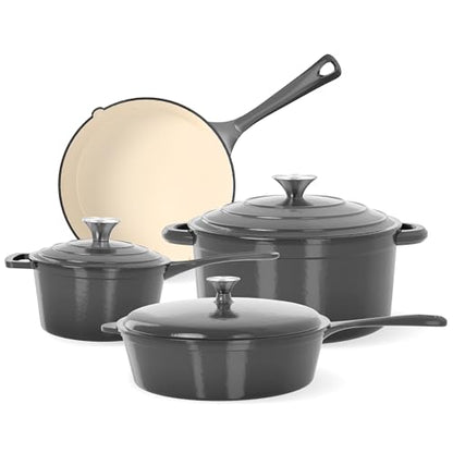 Kitchen Academy 7Pcs Enameled Cast Iron Cookware Sets - Non Toxic Pots and Pans Set, Grey Induction Nonstick Cookware Set, PFOA&PFAS Free