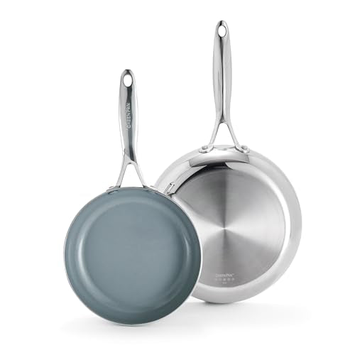 GreenPan Valencia Pro Tri-Ply Stainless Steel 8” & 10” Frying Pan Skillet Set, PFAS-Free Ceramic Nonstick Coating, Induction Ready Cookware, All Cooktops, Eggs & Omelets, Dishwasher & Oven Safe 600F