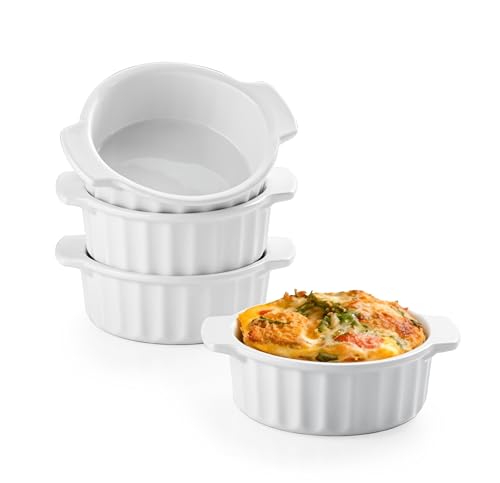 12 oz Ramekins Oven Safe, French Onion Soup Bowls with Handles, Ceramic Small Baking Dishes for Crème Brûlée, Soufflé, Pot Pie & Mini Casserole, Set of 4