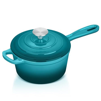 1 Quart Cast Iron Saucepan, Leonyo Enameled Sauce Pan with Lid, Enamel Cast Iron Dutch Oven Cooking Stock Pots and Pan Set Kitchen Cookware Appliances for All Cooktops - Up to 500°F, Lake Green