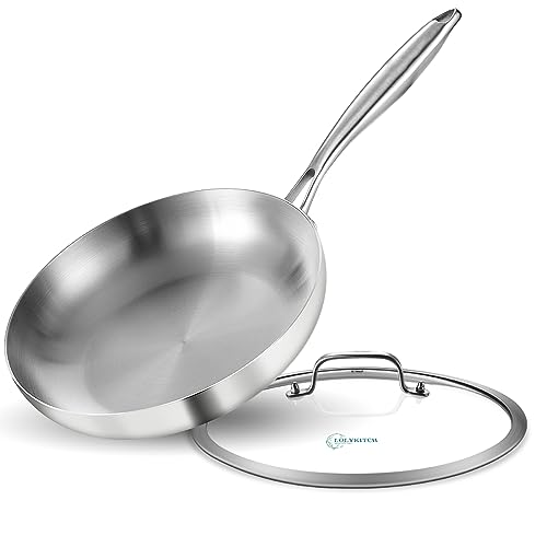 LOLYKITCH 10 Inch Tri-ply Stainless Steel Frying Pan with Lid,Skillet,Induction Cooking Pan,Dishwasher and Oven Safe,Detachable Handle.