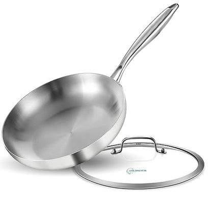 LOLYKITCH 10 Inch Tri-ply Stainless Steel Frying Pan with Lid,Skillet,Induction Cooking Pan,Dishwasher and Oven Safe,Detachable Handle.