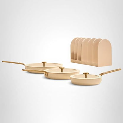 Our Place 17-Piece Essentials Complete Cookware Set - Ceramic Fry Pans, Saucepans, Sauté Pan, Stock Pot, Strainer Basket & Modular Storage | Thermakind™ Nonstick, Oven Safe up to 450°F | Cream