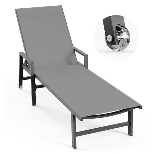 Vexwalx Patio Chaise Lounge Chair Outdoor with Wheels&Armrests, Aluminum Pool Lounge Chairs 5-Position Adjustable Recliner, Outdoor Beach Lounge Chairs for Outside, Patio, Deck, Yard, Dark Gray