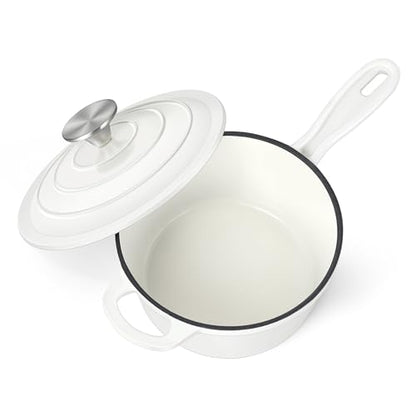 HaSteeL 3 QT Cast Iron Saucepan, Enamel dutch oven with lid, Small Non Stick Pan for Milk, Pasta Tomato Sauce, Butter, Breakfast, Soup, Suitable for Boiling Stewing Frying, Easy to Clean, White