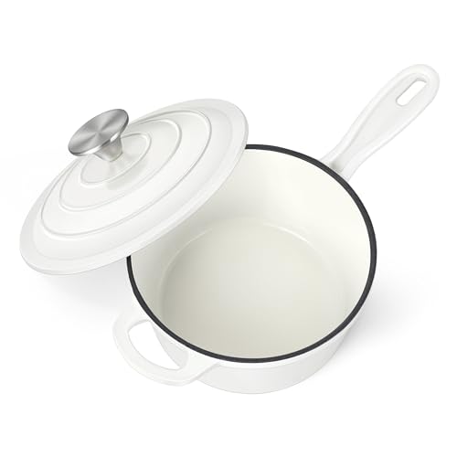 HaSteeL 3 QT Cast Iron Saucepan, Enamel dutch oven with lid, Small Non Stick Pan for Milk, Pasta Tomato Sauce, Butter, Breakfast, Soup, Suitable for Boiling Stewing Frying, Easy to Clean, White