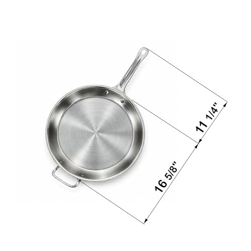 16" Stainless Steel Frying Pan, Tri-Ply Steel With Aluminum-Clad Bottom, Helper Handle, Induction Gas And Electric Compatible, Skillet Saute Pan For Omelette Pancake Egg