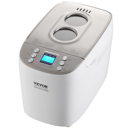 VEVOR Bread Maker, Dough Machine 15 Menus in 1, Non-Stick Ceramic Pan Automatic Breadmaker with Non-Gluten Setting, Whole Wheat Bread Making, Digital, Programmable, 3 Loaf Sizes, 3 Crust Colors, White