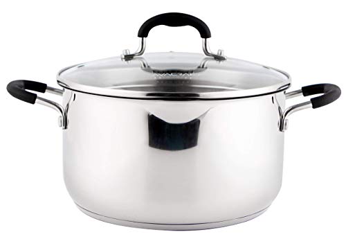 AVACRAFT Stainless Steel Stockpot with Glass Strainer Lid, 6 Quart Stock Pot, Soup & Saucepan Cookware, Side Spouts, Multipurpose, Induction Pan, (5-Ply Capsule Bottom, 6QT)