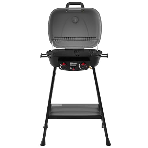 Royal Gourmet GT2003 Portable 2 Burner Propane Gas Grill with Stand and Warming Rack, 2-in-1 Grill Griddle Combo with 17,000 BTUs Output forCamping, Tailgating, Backyard, Gray