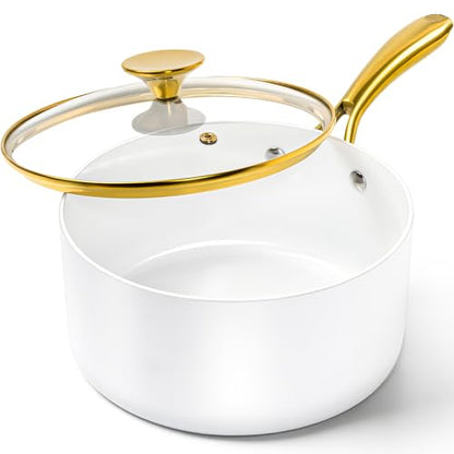 MICHELANGELO 3 Quart Saucepan with Lid, Non-Toxic Ceramic Sauce Pan with Ergonomic Handle, Nonstick 3 Qt Small Pot, Induction-Compatible, White