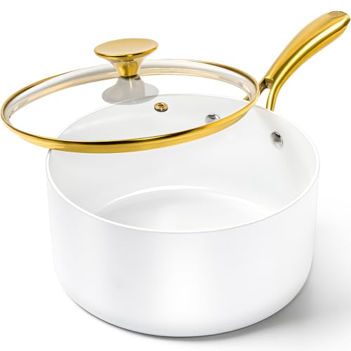 MICHELANGELO 3 Quart Saucepan with Lid, Non-Toxic Ceramic Sauce Pan with Ergonomic Handle, Nonstick 3 Qt Small Pot, Induction-Compatible, White