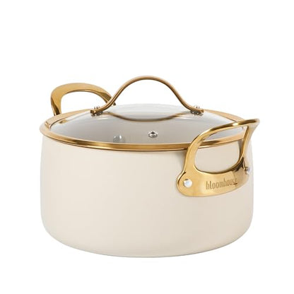 Bloomhouse - Two Time Oprah's Favorite Things Winner - 6 Quart Heavy Duty Aluminum Premium PFA Free Ceramic Nonstick Dutch Oven Pot with Lid - Almond Cream w/Gold Handle