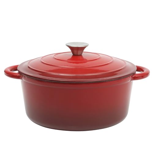 Gibson Home Addlestone 5-Quart Red Enamel Cast Iron Dutch Oven with Lid and Dual Handles – Durable Round Cooking Pot