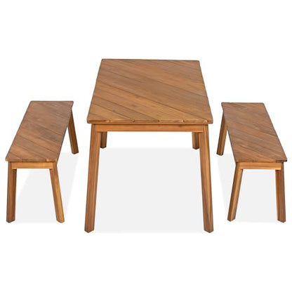 SOFTSEA 3-Piece Outdoor Patio Dining Table Set, Acacia Wood Picnic Table with 2 Benches, Indoor Outdoor Dining Set for Garden, Porch and Poolside, Natural