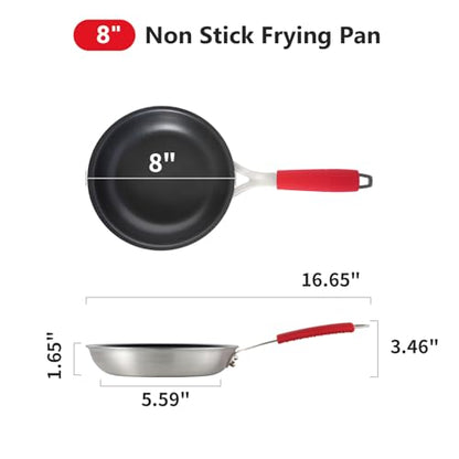 Agerma 8-Inch Nonstick Frying Pan, Tri-Ply Stainless Steel Skillet with Reinforced Coating, Detachable Handle with Silicone Sleeve, Dishwasher and Oven Safe, Induction Compatible,Woks & Stir-Fry Pans