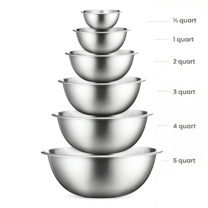 FineDine Stainless Steel Mixing Bowls Set, Dishwasher Safe, 6 Piece Metal Mixing Bowls For Kitchen, Nesting, Large, Small, Big Food Prep, Cooking, Baking