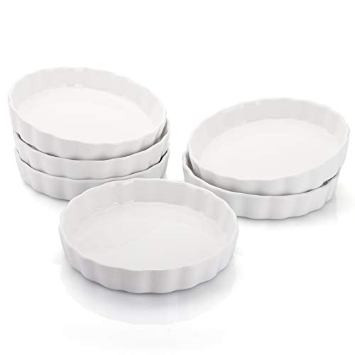 Foraineam 6 Pack 8 Ounce Porcelain Creme Brulee Ramekins Mini Fluted Quiche Dishes, 6 Inch Tart Pan Round Pie Plates for Baking, Dishwasher and Oven Safe