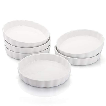 Foraineam 6 Pack 8 Ounce Porcelain Creme Brulee Ramekins Mini Fluted Quiche Dishes, 6 Inch Tart Pan Round Pie Plates for Baking, Dishwasher and Oven Safe