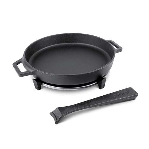 ooni Cast Iron Skillet Pan - 9" Round Fyring Skillet Pan with Removable Handle and Sainless Steel Trivet, Cast Iron Frying Pan, Pre-Seasoned Non-Stick Oven Safe Cookware, Pizza Oven & BBQ Accessories