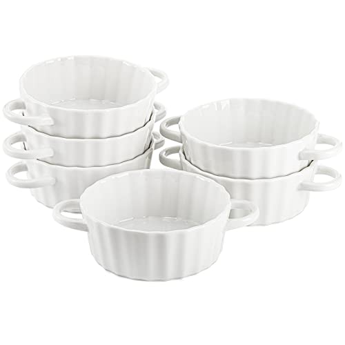 Foraineam 6 Pack Oven Safe Porcelain Souffle Dishes with Double Handles, 10 Ounce Round Mini Quiche Pan, Baking Pie Dish Ramekins For Pudding, Creme Brulee, Souffle