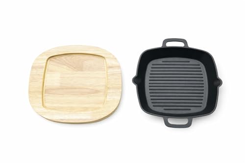 KitchenLife Co 8.5" Personal Sized Pre-Seasoned Cast Iron Grill Pan with Heat-Resistant Oak Wood Base, Square Stovetop Pan with Dual Handles & Pour Spouts, Oven & BBQ Ready, Lasts Decades
