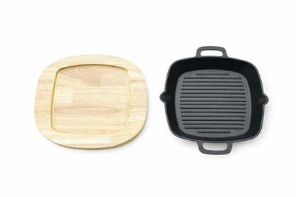 KitchenLife Co 8.5" Personal Sized Pre-Seasoned Cast Iron Grill Pan with Heat-Resistant Oak Wood Base, Square Stovetop Pan with Dual Handles & Pour Spouts, Oven & BBQ Ready, Lasts Decades