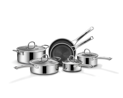 SNOWCLAD Pots and Pans Set Non Stick, 10 Pcs Hybrid Stainless Steel Cookware Sets, Non Stick Frying Pans, Saucepans, Saute Pan & Stock Pot, PFOA Free Kitchen Skillet,Induction Compatible