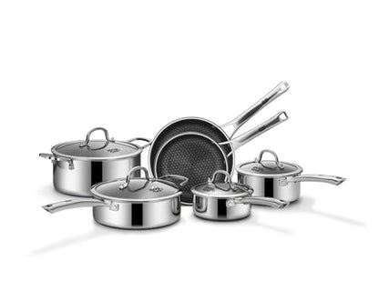 SNOWCLAD Pots and Pans Set Non Stick, 10 Pcs Hybrid Stainless Steel Cookware Sets, Non Stick Frying Pans, Saucepans, Saute Pan & Stock Pot, PFOA Free Kitchen Skillet,Induction Compatible
